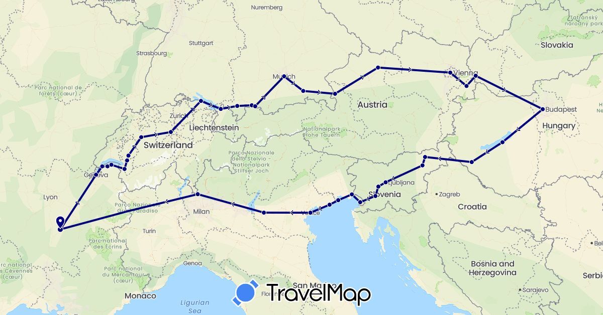 TravelMap itinerary: driving in Austria, Switzerland, Germany, France, Hungary, Italy, Slovenia, Slovakia (Europe)